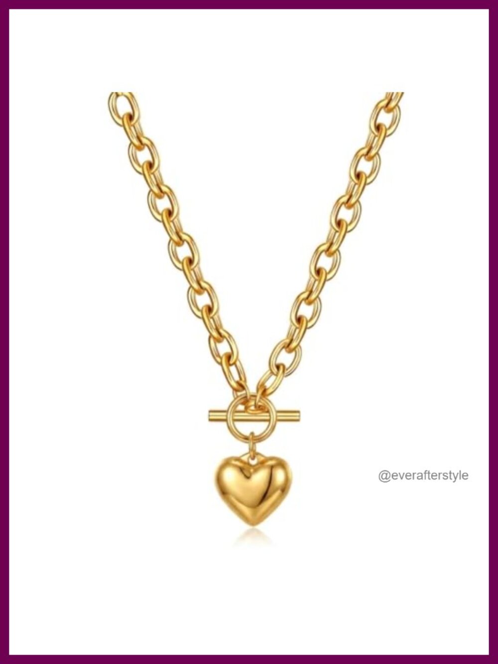 Gold Plated Stainless Steel Chunky Heart Necklace 18K Gold PVD Toggle Clasp